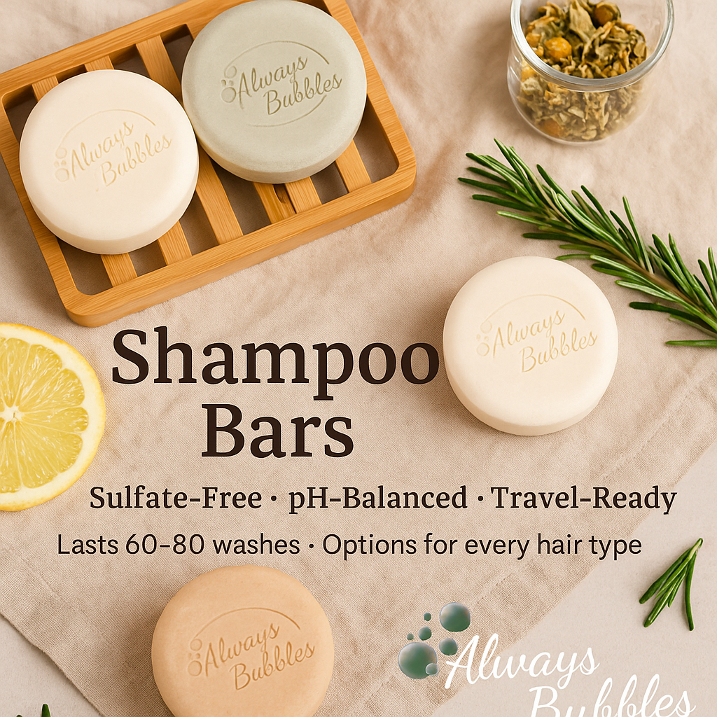 Always Bubbles Shampoo Bars Collection — eco-friendly sulfate-free pH-balanced solid shampoo bars in multiple scents on a wooden dish with natural props, zero waste haircare.