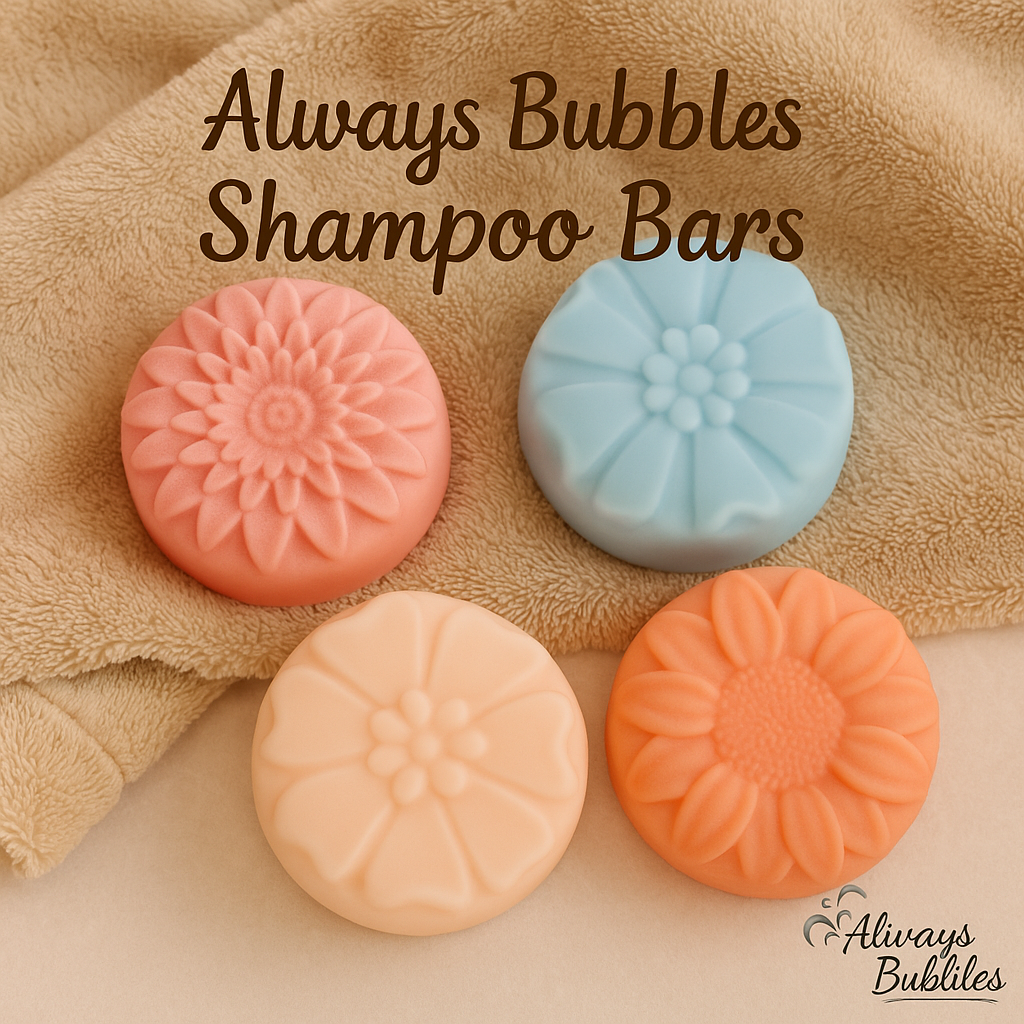Always Bubbles Shampoo Bars Collection – warm inviting flat-lay of handmade eco-friendly solid shampoos in fruity, floral, and cozy scents, sulfate-free and plastic-free haircare