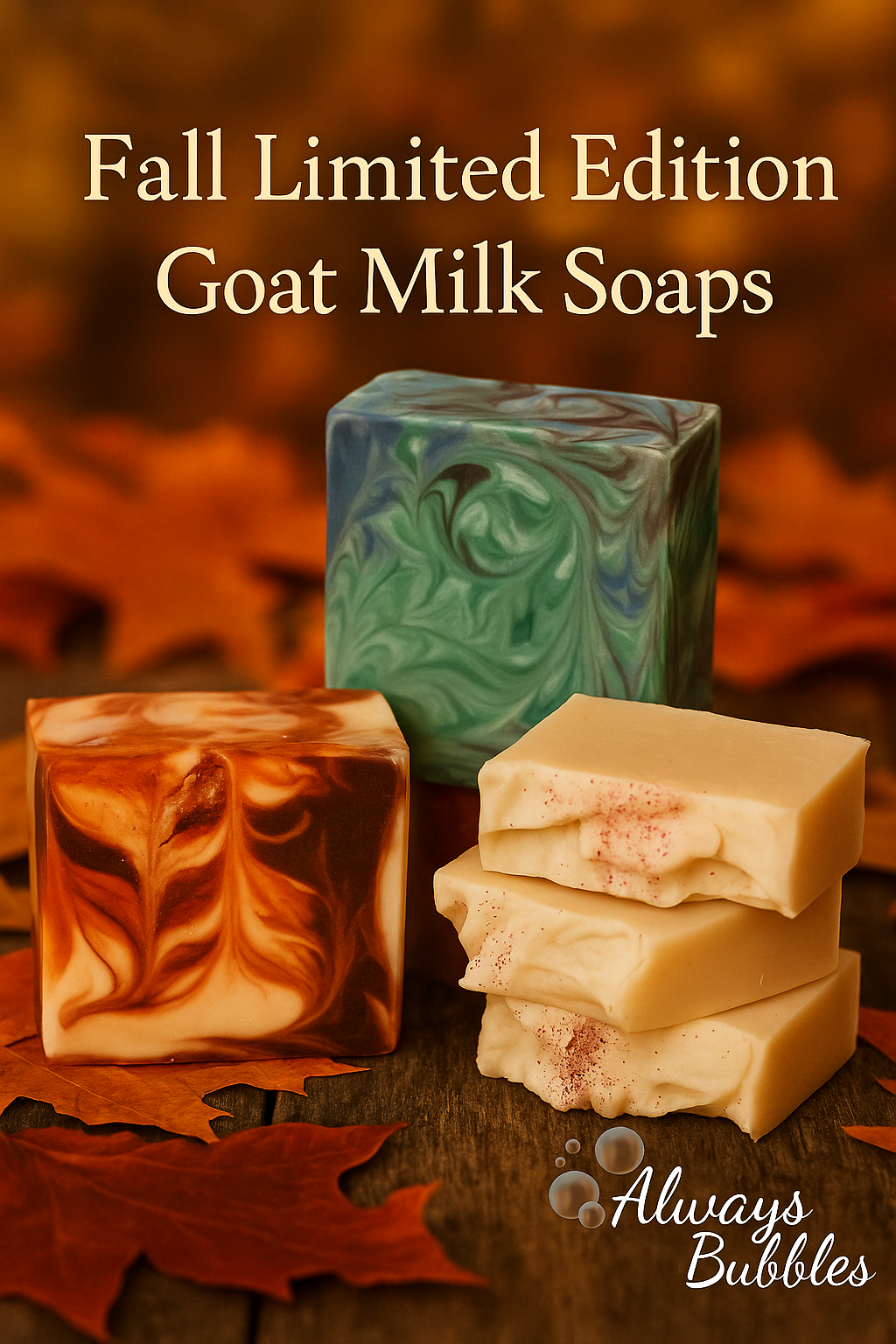 Three fall-themed handcrafted goat milk soaps from Always Bubbles – Pumpkin Soufflé, Cozy Flannel, and Sweet Winter Apple – styled with a warm, autumn-inspired background