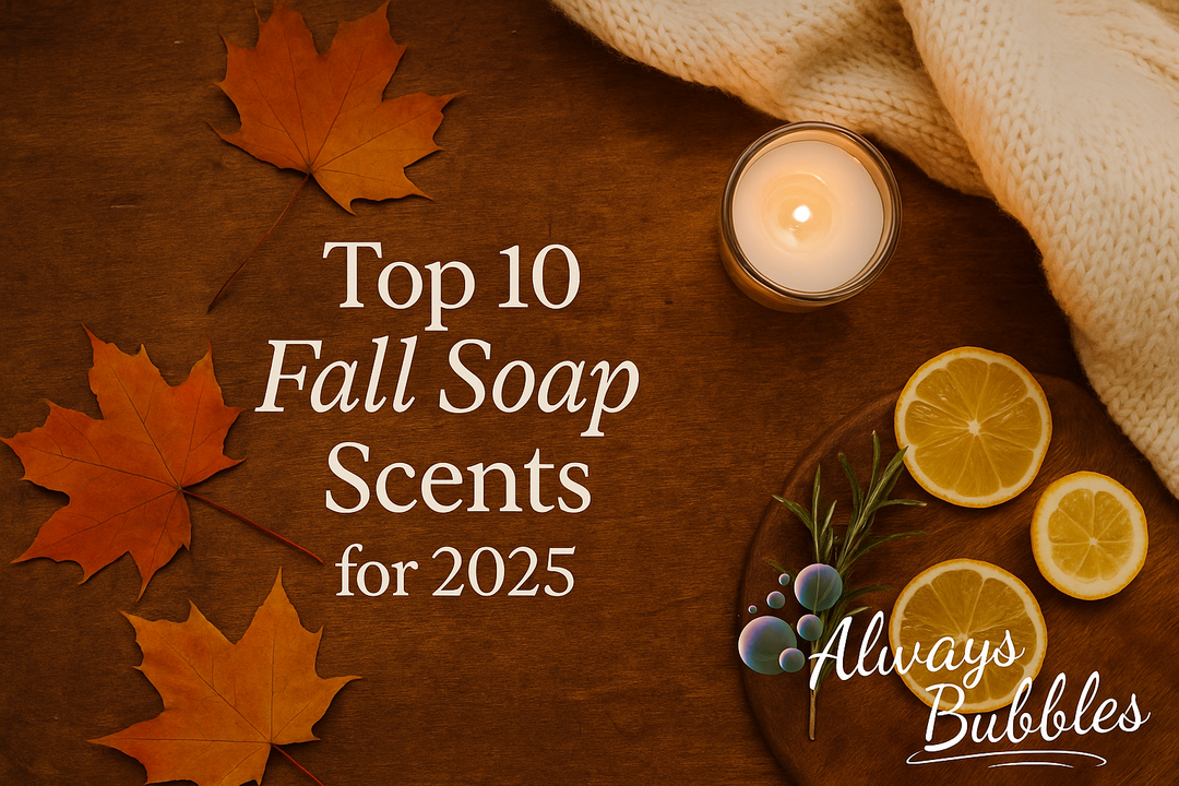 Always Bubbles blog cover — Top 10 Fall Soap Scents for 2025 featuring Pumpkin Spice, Toasted Marshmallow, Cozy Flannel — handmade goat milk soap in Carmel, Indiana.