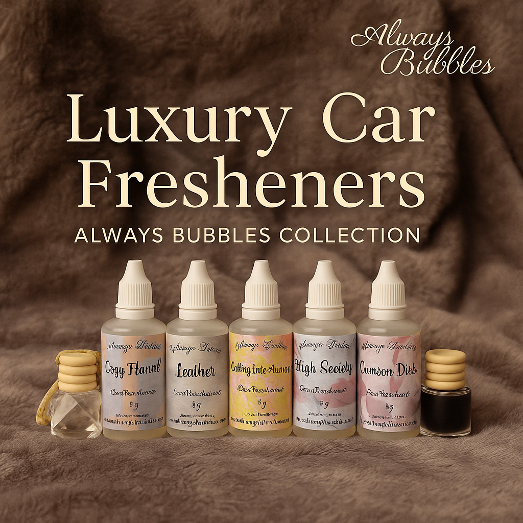 Always Bubbles Luxury Car Freshener Collection displayed on a soft beige background with warm lighting, featuring scents Cozy Flannel, Leather, Falling Into Autumn, High Society, and Crimson Dusk arranged elegantly.