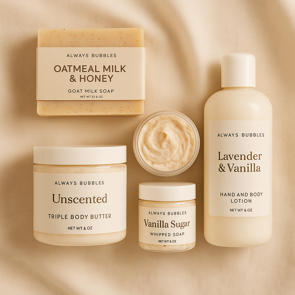 Handcrafted skincare from Always Bubbles displayed in a warm cozy flat lay highlighting small batch skin loving body care