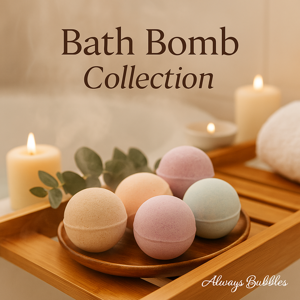 Always Bubbles Bath Bomb Collection displayed on a bamboo bath tray with candles, eucalyptus, and spa atmosphere