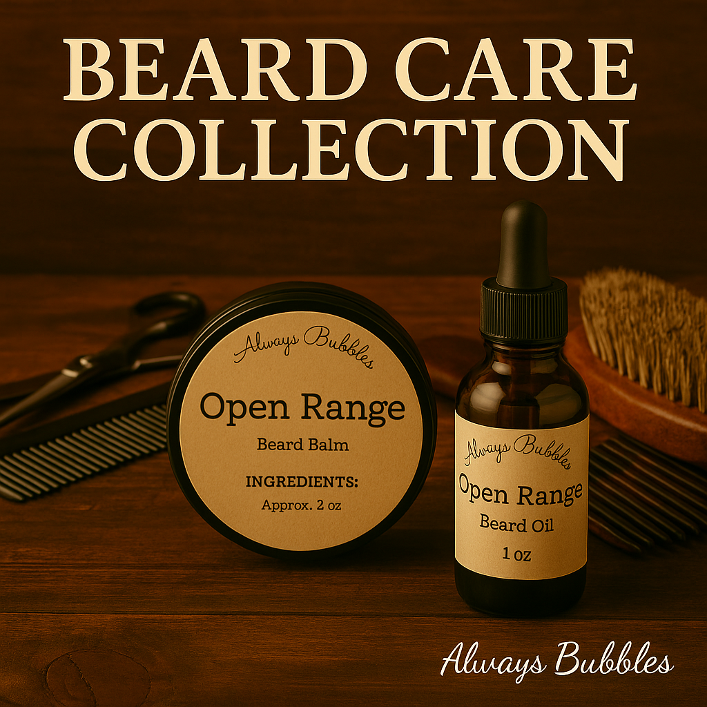 Always Bubbles Beard Care Collection featuring Open Range beard oil and beard balm with grooming tools on rustic wood barbershop background