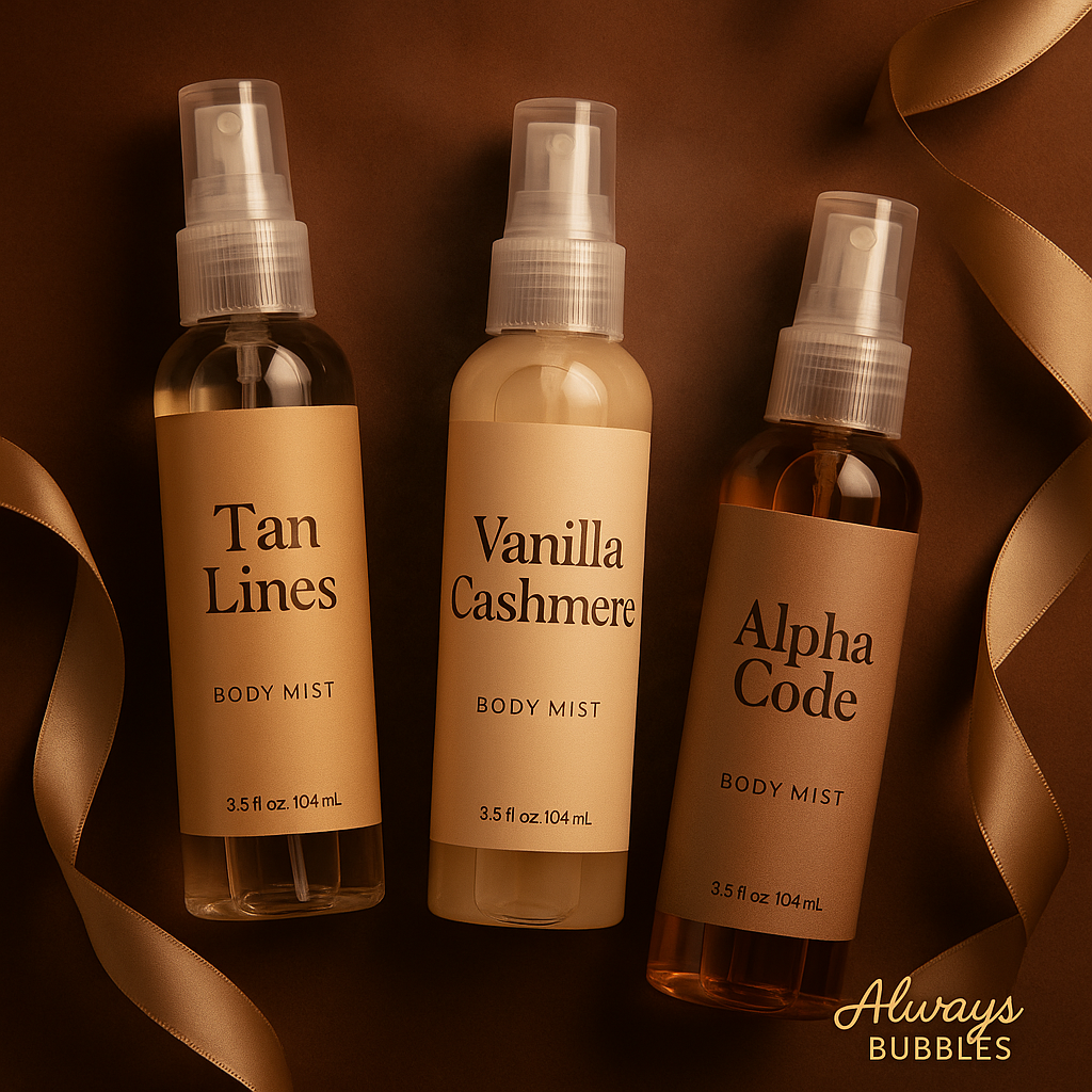 Always Bubbles Body Mist Collection featuring Tan Lines, Vanilla Cashmere, and Alpha Code sprays on a warm brown background with satin ribbon