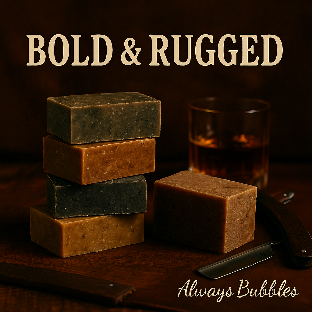 Bold and Rugged goat milk soap bars in dark masculine lighting with whiskey glass and straight razor, styled on wood with Always Bubbles branding