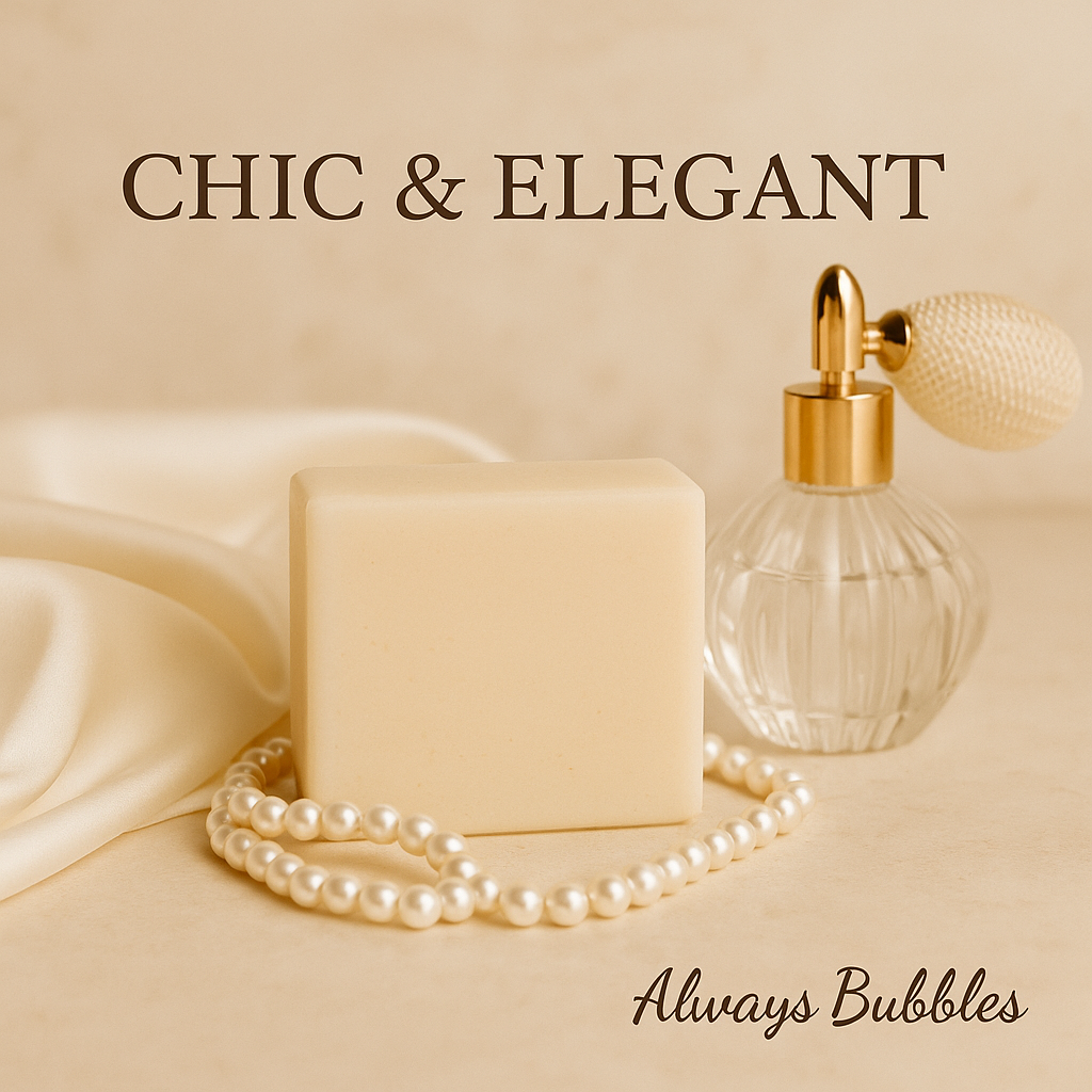 Chic and Elegant goat milk soap presentation with pearls draped over stacked soap bars on champagne satin fabric, styled for an upscale feminine aesthetic by Always Bubbles