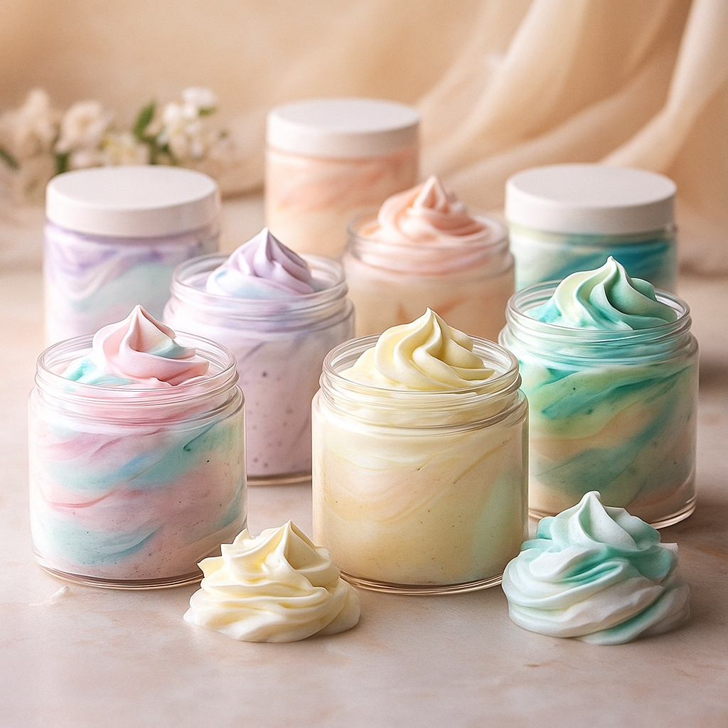 Always Bubbles Foaming Whip Soap collection displayed in pastel jars with soft bubbles and creamy swirls