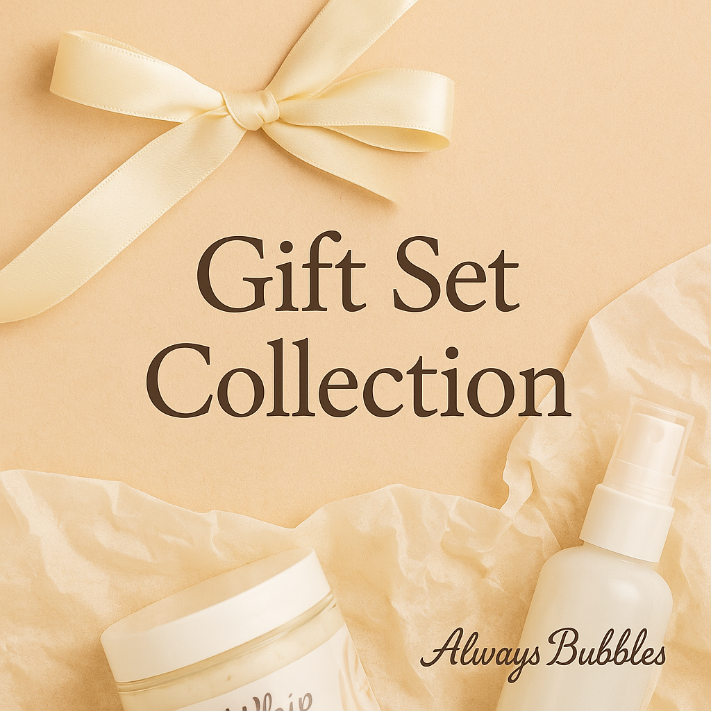 Always Bubbles Gift Set Collection displayed with warm ribbon, tissue, and soft beige background for an inviting gifting aesthetic