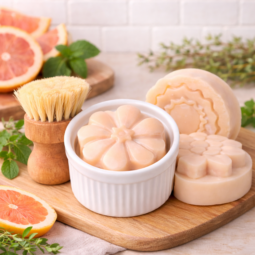 Grapefruit & Mint solid dish soap set by Always Bubbles with reusable ramekin and natural wood dish brush for sustainable farmhouse kitchen