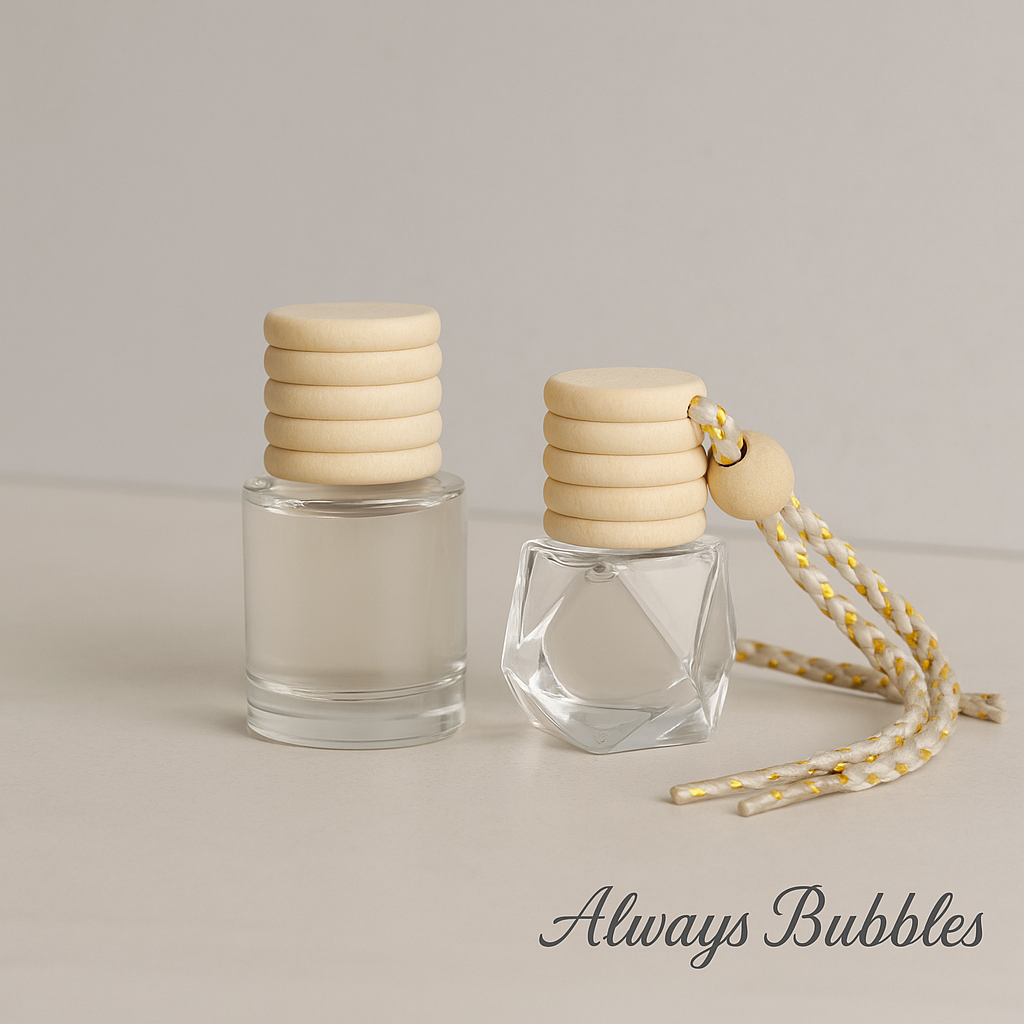 Always Bubbles luxury glass diffuser car fresheners with natural wood caps and gold-accented ropes, displayed on a clean beige background with the Always Bubbles logo bottom right.