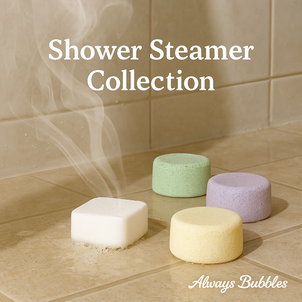 Always Bubbles Shower Steamer Collection thumbnail showing steam rising from dissolving shower steamer on wet tile with multiple pastel steamers in view