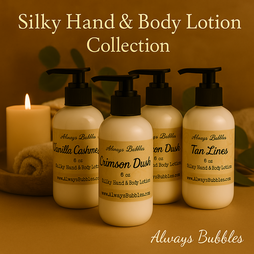 Always Bubbles Silky Hand & Body Lotion Collection featuring multiple lotion bottles in a spa setting with candle and soft neutral background