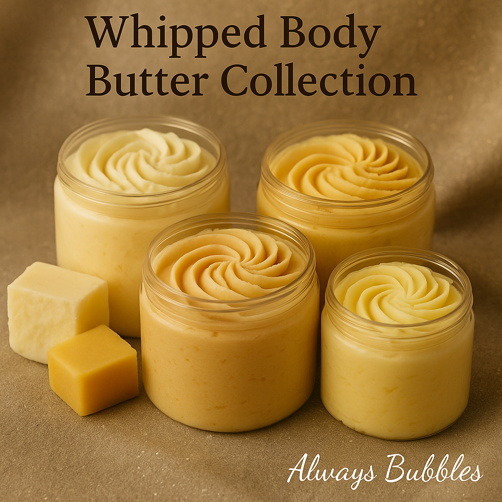 Always Bubbles Whipped Body Butter Collection with multiple jars of creamy whipped body butter on a soft spa background with subtle butter blocks and elegant branding