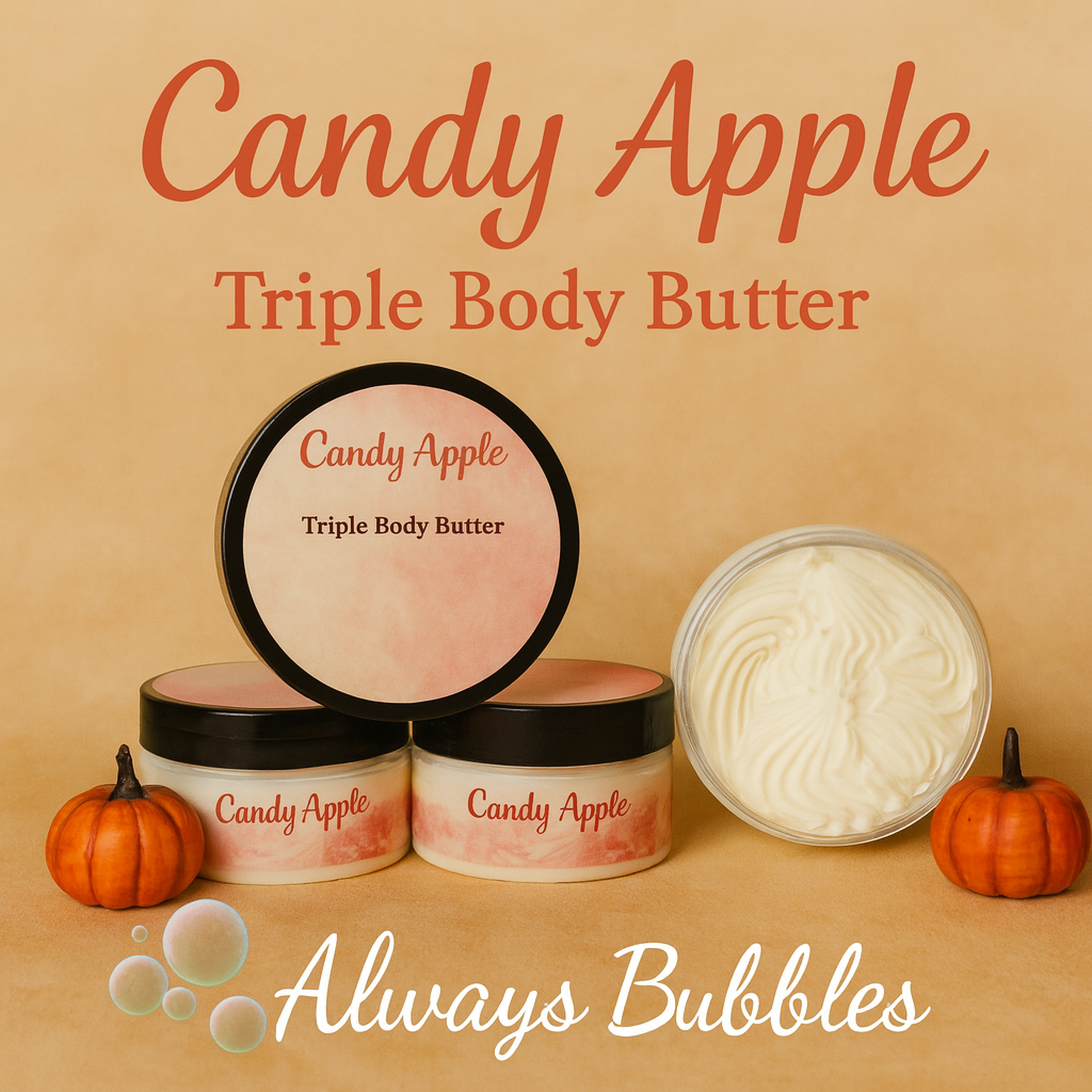 Candy Apple Triple Body Butter by Always Bubbles – handcrafted whipped fall body butter made with Shea, Cocoa, and Mango Butters, styled with pumpkins on a soft beige background for a cozy autumn feel.