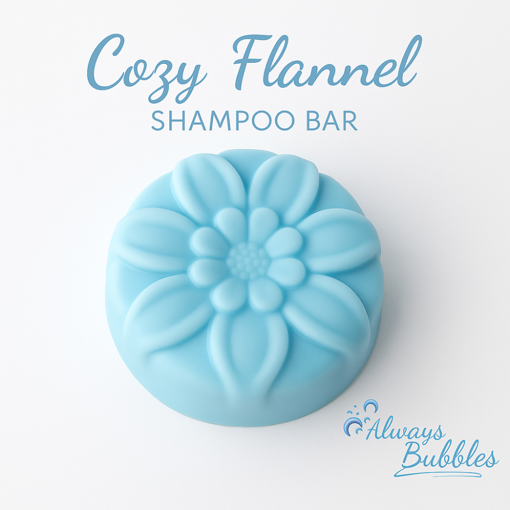 Always Bubbles Cozy Flannel Shampoo Bar – light blue floral solid shampoo with warm fresh cozy scent, eco-friendly plastic-free haircare, long-lasting 4 oz bar