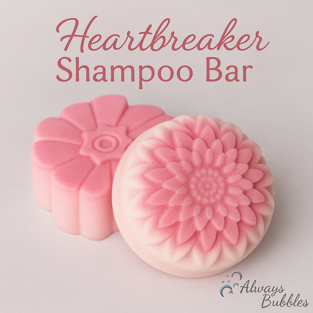 Always Bubbles Heartbreaker Shampoo Bar – eco-friendly solid shampoo bar with pink floral design, plastic-free long-lasting haircare for healthy shiny hair