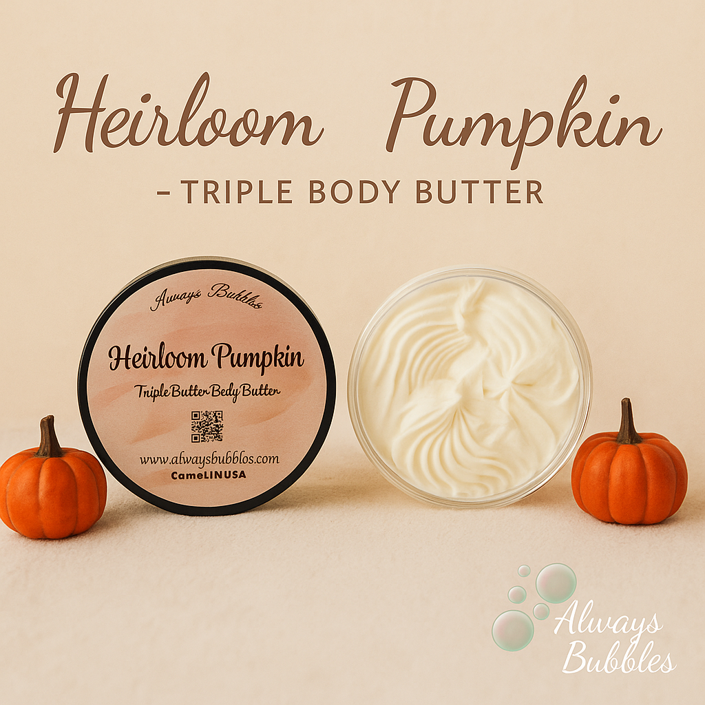 Heirloom Pumpkin Triple Body Butter by Always Bubbles – rich whipped fall body butter made with Shea, Cocoa, and Mango Butters for deep hydration, displayed with small pumpkins on a warm beige background