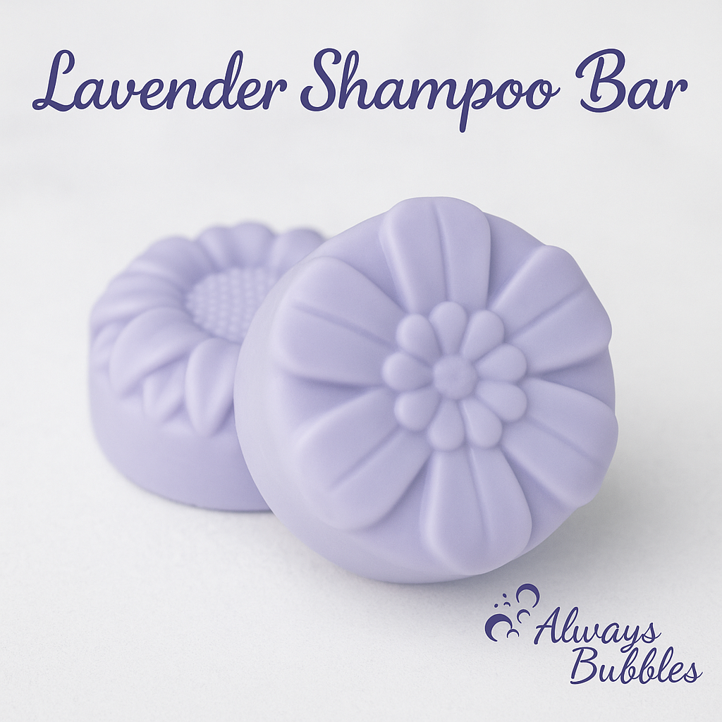 Always Bubbles Lavender Shampoo Bar – calming floral solid shampoo, soothing lavender scent, eco-friendly plastic-free haircare, long-lasting 4 oz bar