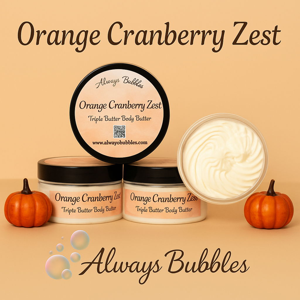 Orange Cranberry Zest Triple Body Butter by Always Bubbles – whipped fall body butter made with Shea, Cocoa, and Mango Butters, styled with pumpkins on a warm beige background.