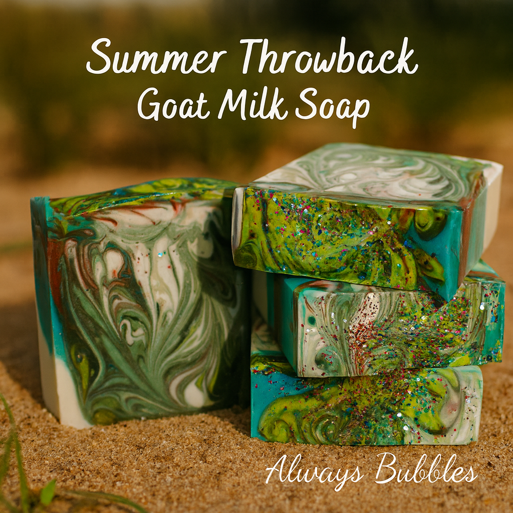 Always Bubbles Summer Throwback Goat Milk Soap bars with bright tropical swirls and a fruity summer-inspired background.