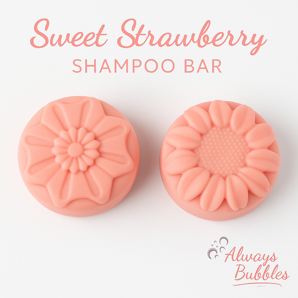 Always Bubbles Sweet Strawberry Shampoo Bar – juicy pink floral solid shampoo with fresh strawberry scent, eco-friendly plastic-free haircare, long-lasting 4 oz bar
