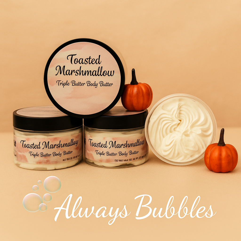 Toasted Marshmallow Triple Body Butter by Always Bubbles – whipped body butter made with Shea, Cocoa, and Mango Butters, displayed with pumpkins on a warm beige background for a cozy fall aesthetic.