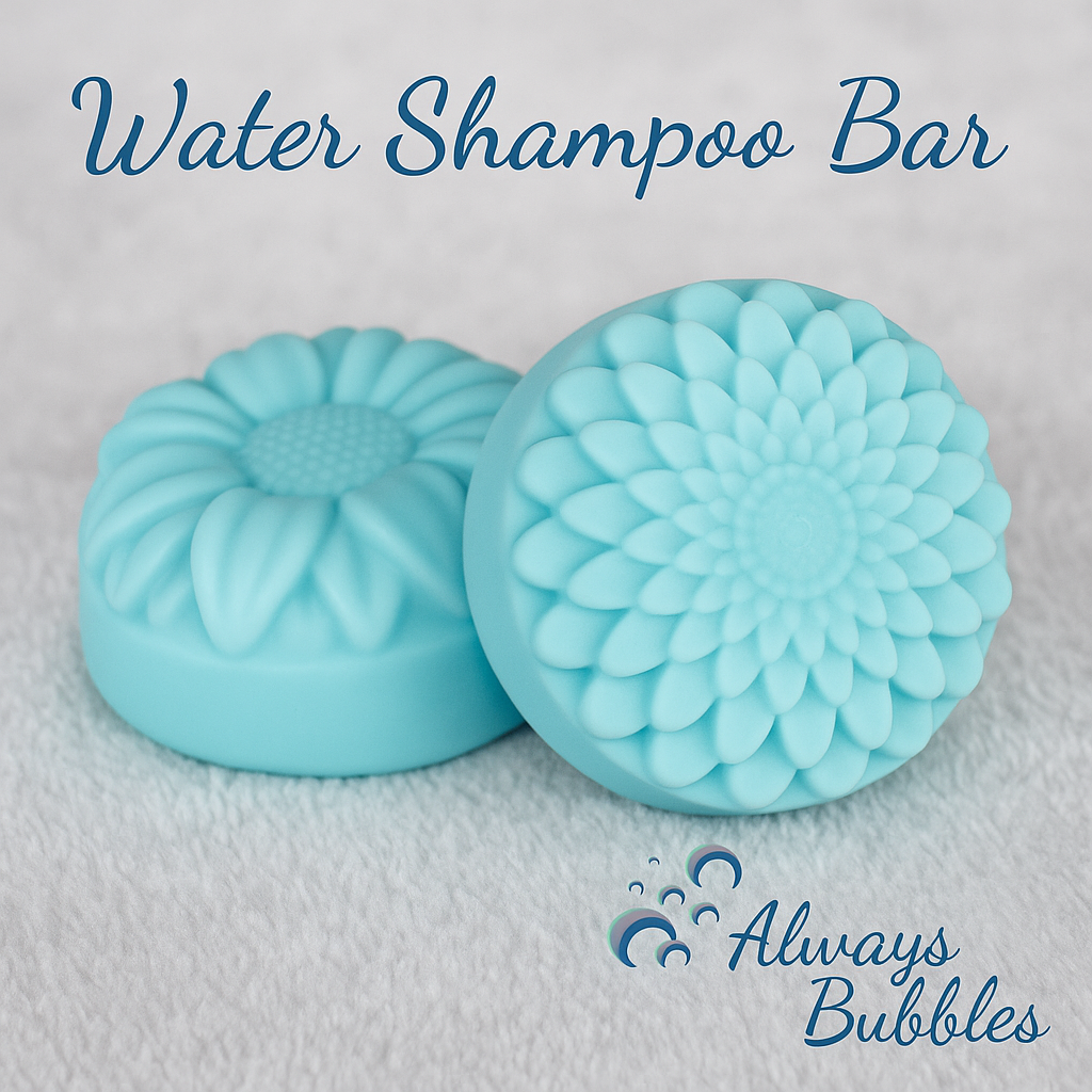 Always Bubbles Water Shampoo Bar – refreshing aqua-blue floral solid shampoo with crisp clean aquatic scent, eco-friendly plastic-free haircare, long-lasting 4 oz bar