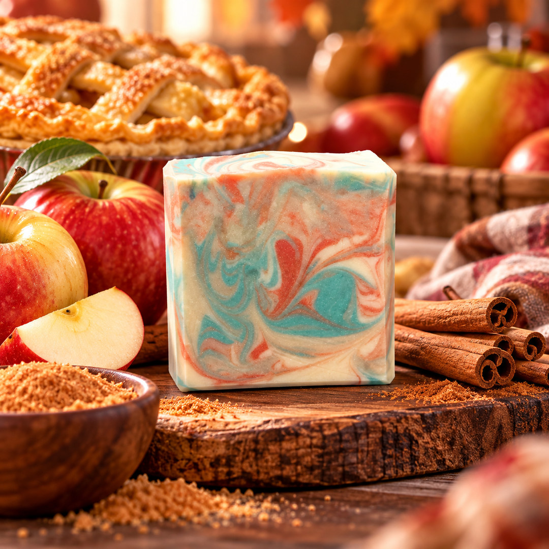 Apple Pie handmade goat milk soap by Always Bubbles, featuring beautiful coral pink, soft turquoise, and creamy ivory swirls, displayed on rustic wood alongside freshly baked apple pie, red apples, and cinnamon sticks in a cozy autumn setting.