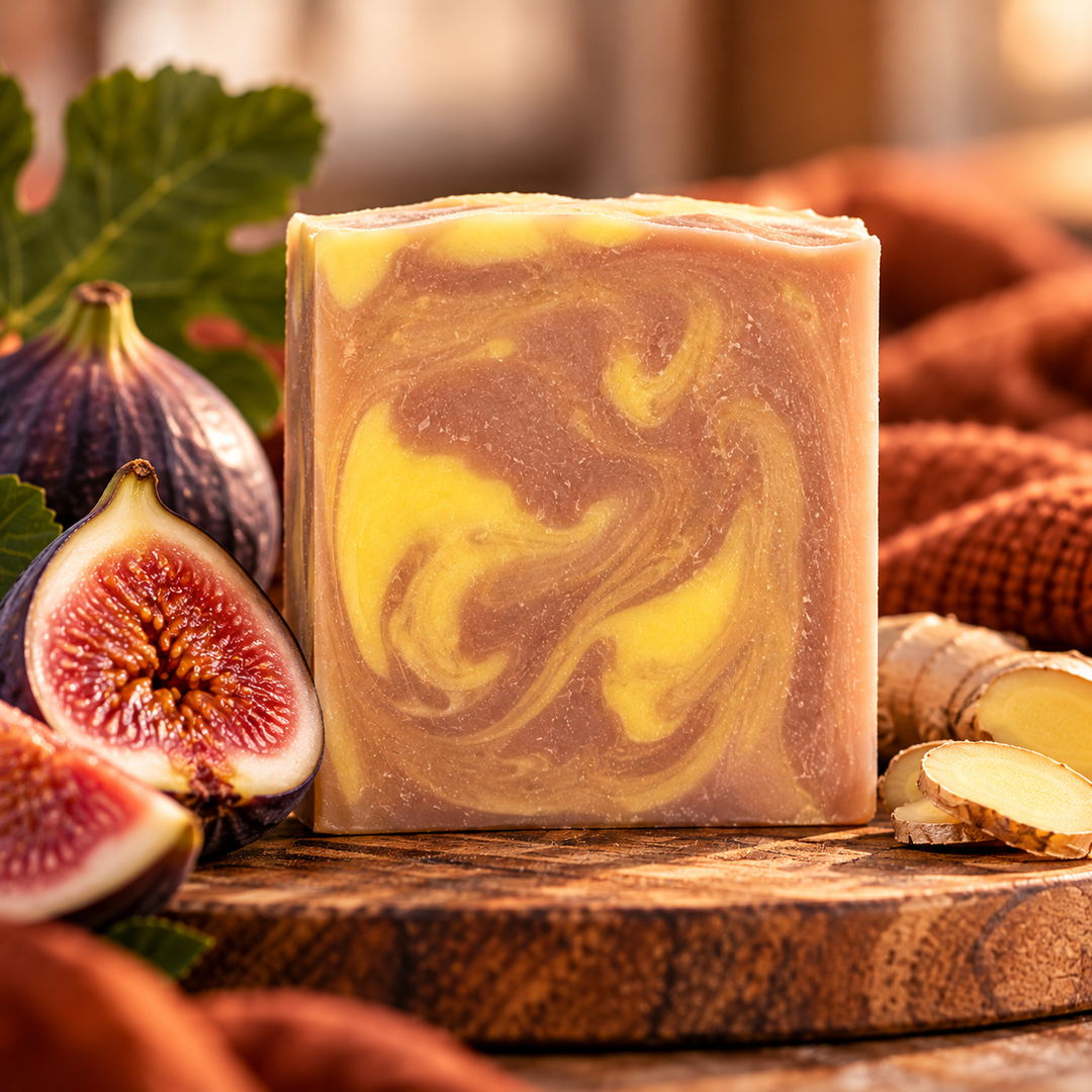 Handmade Harvest Fig goat milk soap by Always Bubbles, featuring golden-yellow and warm caramel swirls, beautifully displayed on rustic wood with fresh sliced figs, ginger root, and a soft autumn-inspired background.