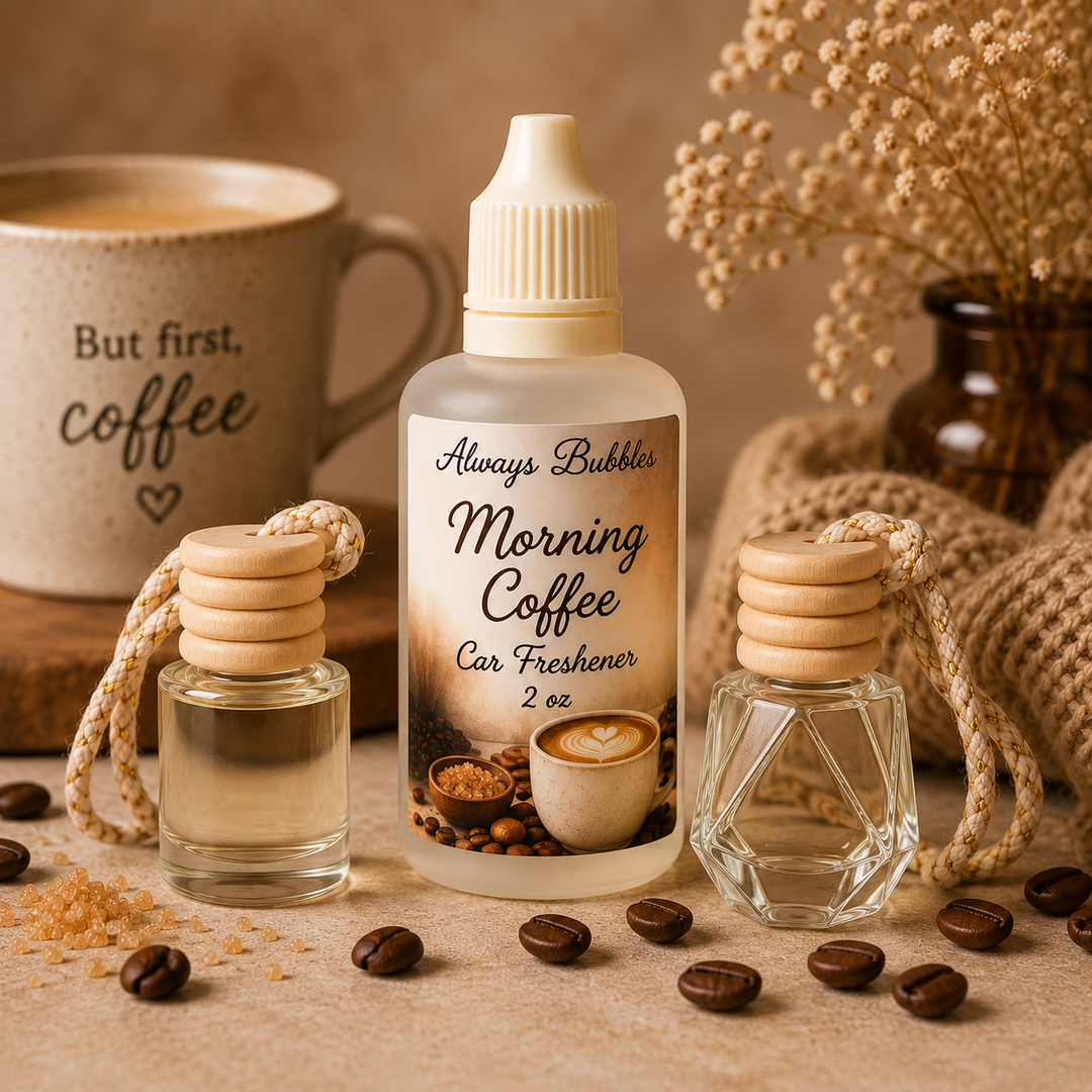 Morning Coffee Car Freshener Refill by Always Bubbles featuring fresh brewed coffee, sweet cream, brown sugar, espresso roast, and sweet almond milk fragrance notes.