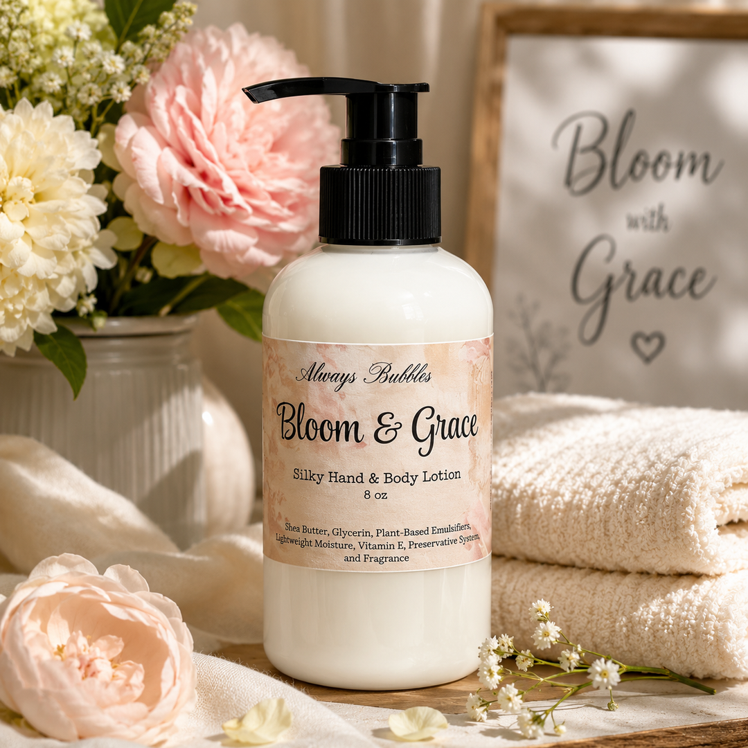 Bloom &amp; Grace 8 oz Silky Hand &amp; Body Lotion made with shea butter and coconut oil for lightweight, long-lasting hydration.