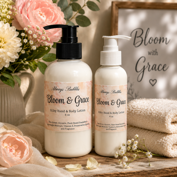 Bloom &amp; Grace Silky Hand &amp; Body Lotion in 4 oz and 8 oz bottles made with shea butter and coconut oil for soft, hydrated skin.