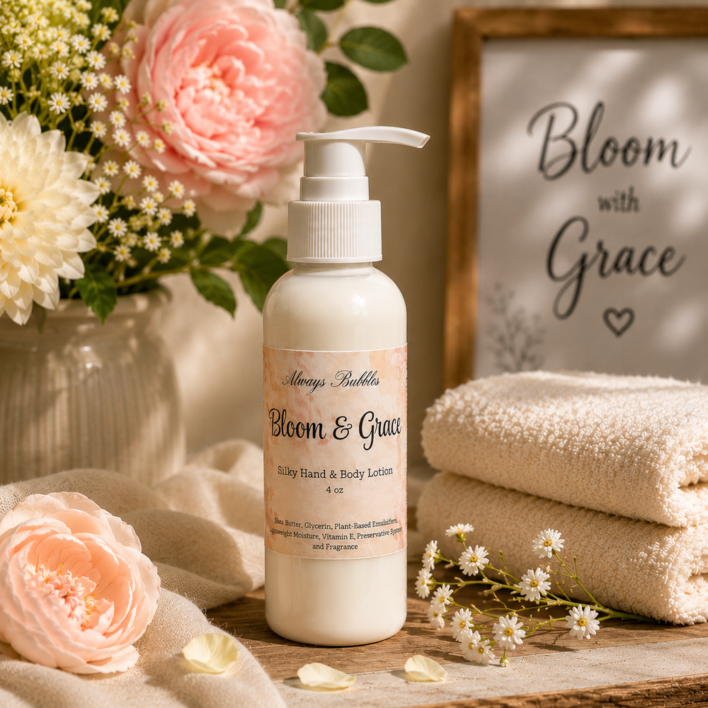Bloom & Grace 4 oz Silky Hand & Body Lotion with shea butter and coconut oil, a fast-absorbing, non-greasy moisturizer for soft skin.