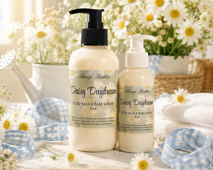 Daisy Daydream Silky Hand &amp; Body Lotion in 8 oz and 4 oz bottles with shea butter and coconut oil, surrounded by fresh white daisies and soft blue gingham ribbon.