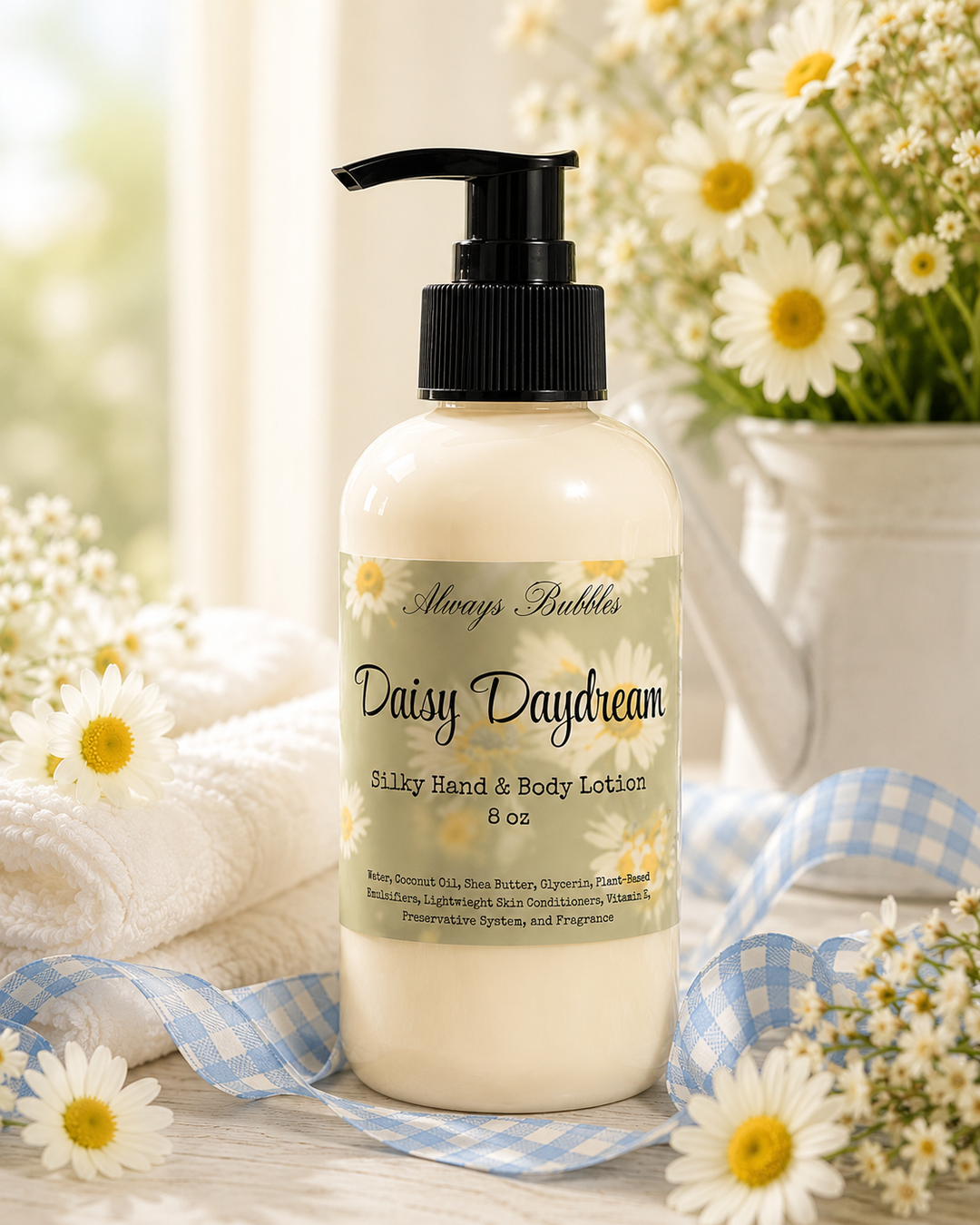 Daisy Daydream 8 oz Silky Hand &amp; Body Lotion with shea butter and coconut oil, displayed with fresh daisies, white towels, and blue gingham ribbon in a bright spa-inspired setting.