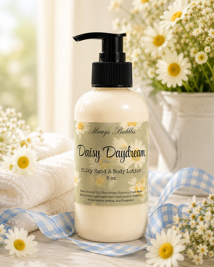 Daisy Daydream 8 oz Silky Hand &amp; Body Lotion with shea butter and coconut oil, displayed with fresh daisies, white towels, and blue gingham ribbon in a bright spa-inspired setting.