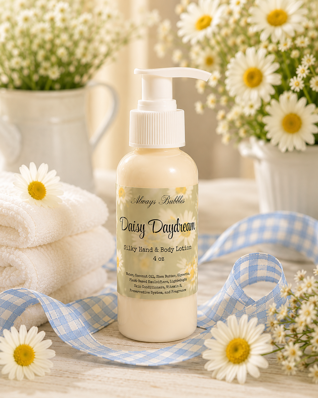 Daisy Daydream 4 oz Silky Hand &amp; Body Lotion made with shea butter and coconut oil, shown in a sunlit floral setting with fresh daisies and blue gingham ribbon.