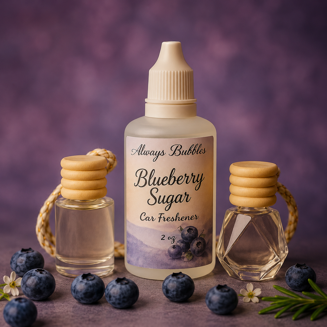 Blueberry Sugar Car Freshener Refill by Always Bubbles featuring sweet blueberry, lychee, sugar milk, amberwood, and soft musk fragrance notes.