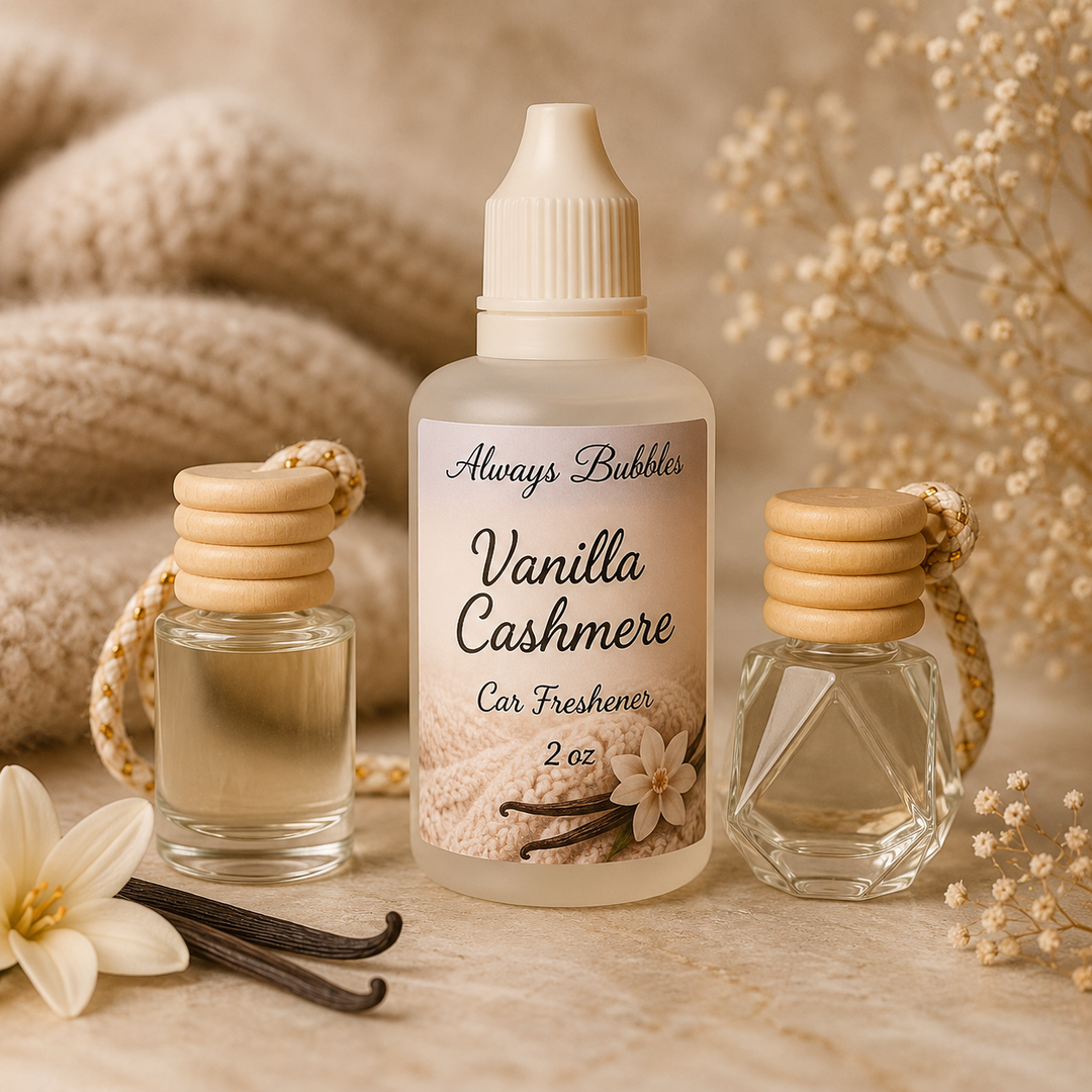Always Bubbles Vanilla Cashmere Car Freshener Refill with warm vanilla, cashmere wood, jasmine petals, benzoin, and sandalwood fragrance notes.