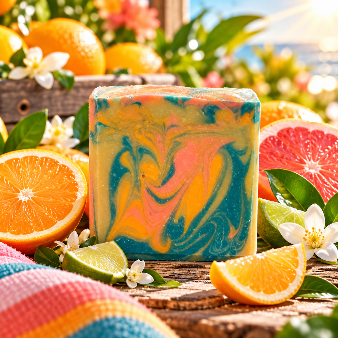 Handmade Citrus & Sunrays Goat Milk Soap by Always Bubbles, featuring vibrant orange, pink, yellow, and teal swirls surrounded by fresh oranges, grapefruit, limes, and citrus blossoms.