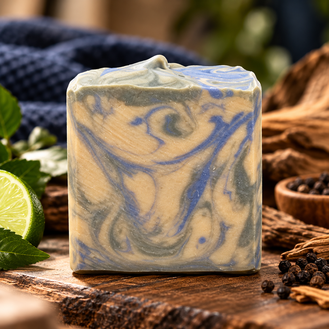 Mystic Man handmade goat milk soap for men by Always Bubbles, featuring smoky gray, muted blue, and creamy tan swirls, photographed on rustic wood with subtle greenery and a warm, masculine backdrop.