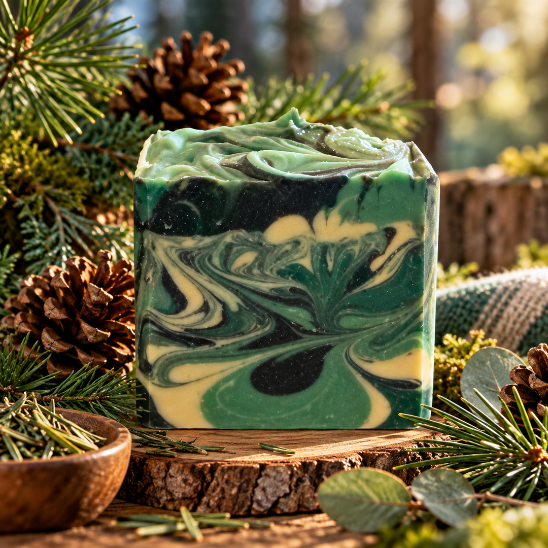 Whispering Pine handmade goat milk soap by Always Bubbles, featuring beautiful forest green, deep evergreen, and creamy ivory swirls, displayed on rustic wood surrounded by fresh pine branches, pinecones, and woodland greenery.