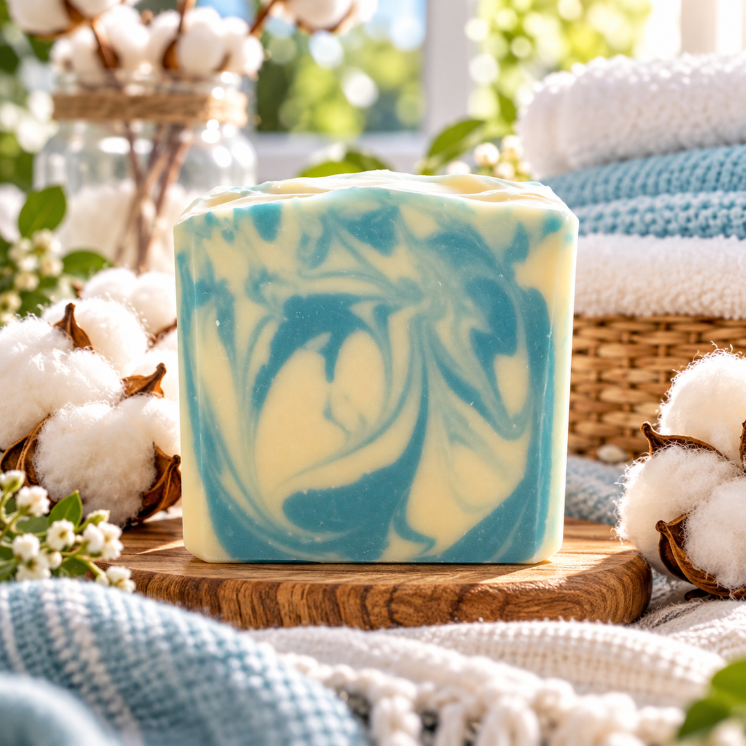 Fresh Cotton handmade goat milk soap by Always Bubbles, featuring beautiful soft blue and creamy ivory swirls, displayed on rustic wood surrounded by fluffy cotton blossoms, fresh white towels, and cozy spa-inspired accents.