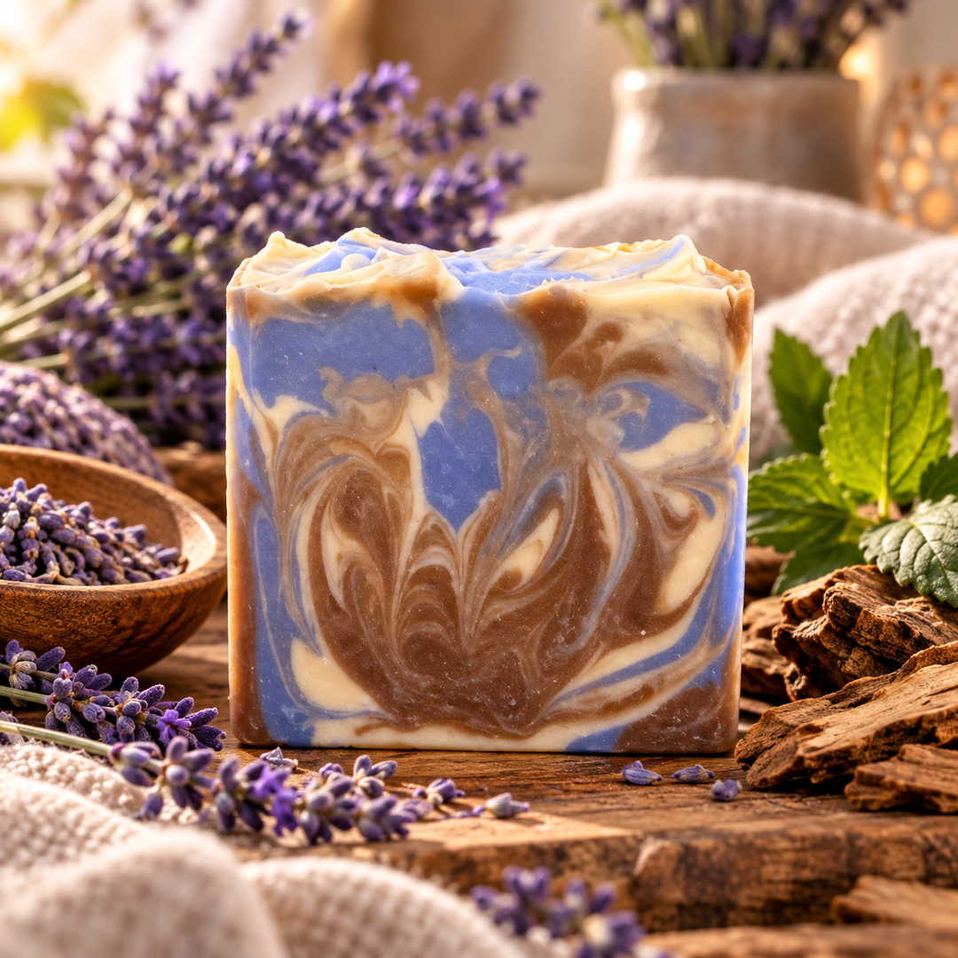 Patchouli & Lavender handmade goat milk soap by Always Bubbles, featuring beautiful lavender-purple, earthy brown, and creamy ivory swirls, displayed on rustic wood with fresh lavender sprigs, dried lavender buds, and green botanical leaves.