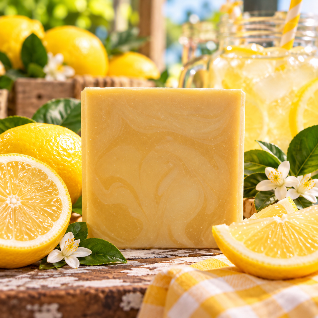 Handmade Lemonade Stand goat milk soap by Always Bubbles, featuring a creamy yellow swirled bar surrounded by fresh lemons, citrus blossoms, and refreshing lemonade.