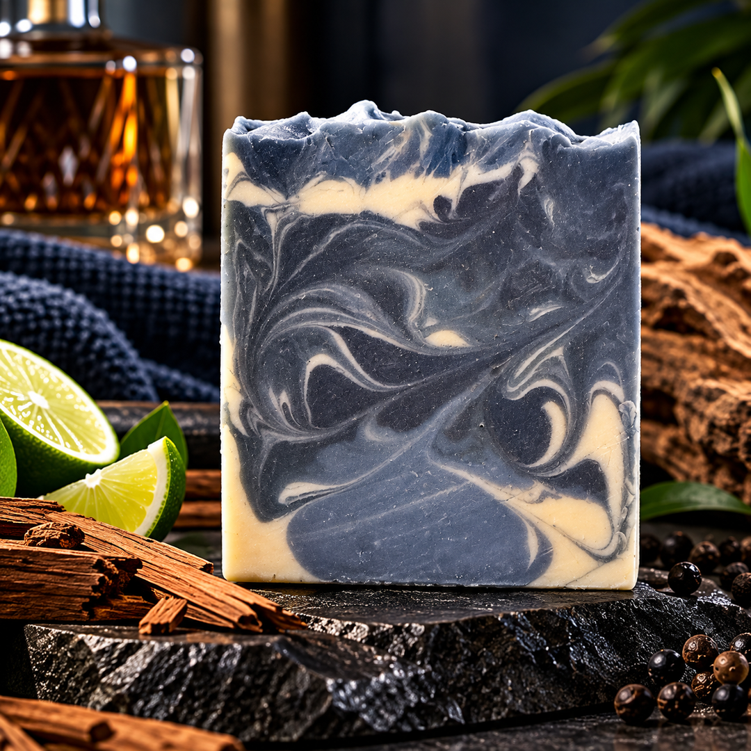 The Executive handmade goat milk soap for men by Always Bubbles, featuring bold charcoal-gray and creamy ivory swirls, displayed on dark stone with a sophisticated, masculine backdrop.