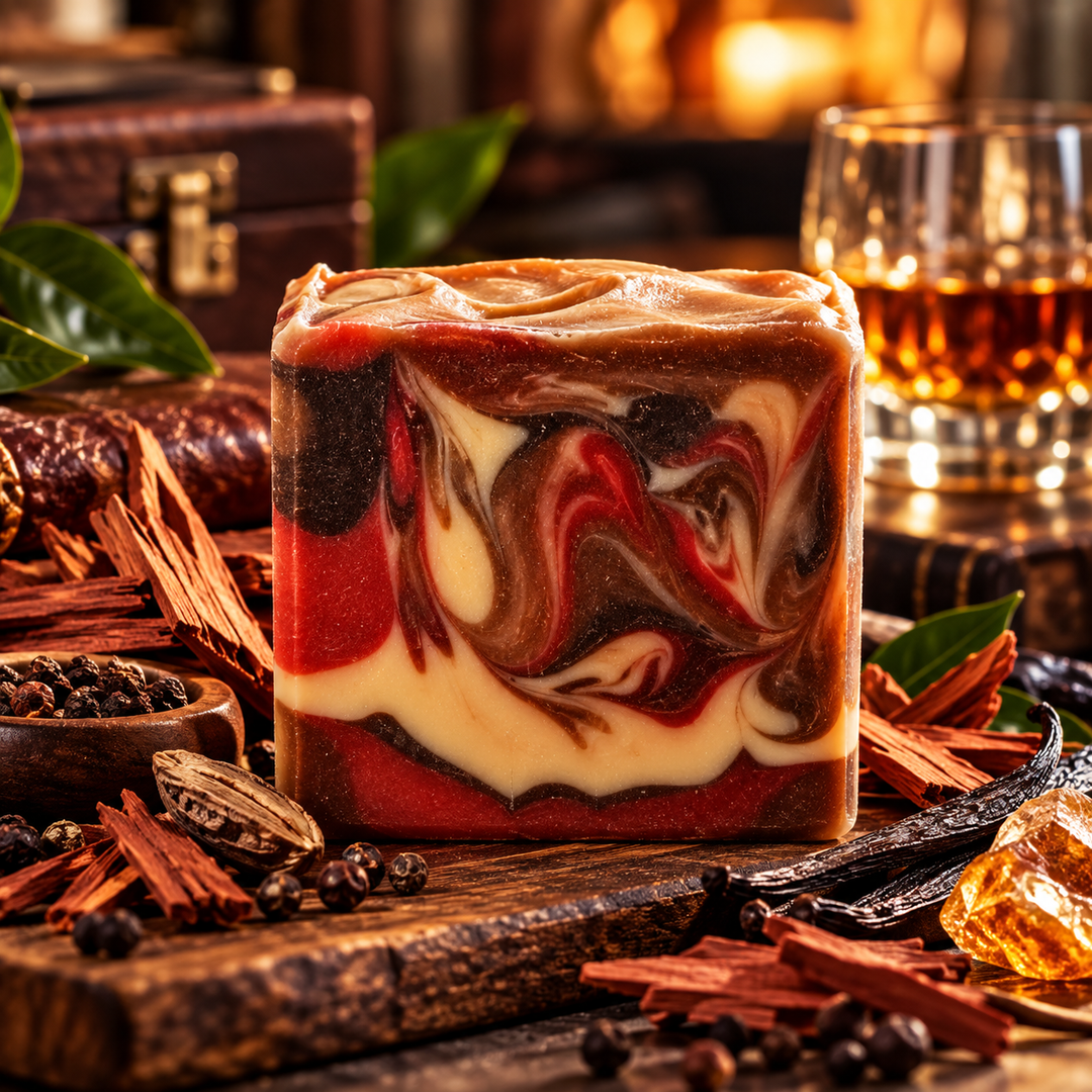 Mahogany Reserve handmade goat milk soap for men by Always Bubbles, featuring rich burgundy, brown, and cream swirls, displayed on rustic wood with cedar shavings and warm amber lighting.