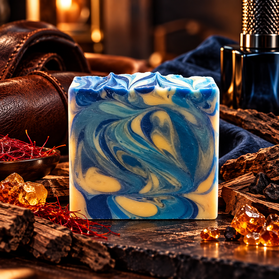 Alpha Code handmade goat milk soap for men by Always Bubbles, featuring deep blue, teal, and cream swirls against a luxurious backdrop of rich leather, saffron, amber, and dark wood.
