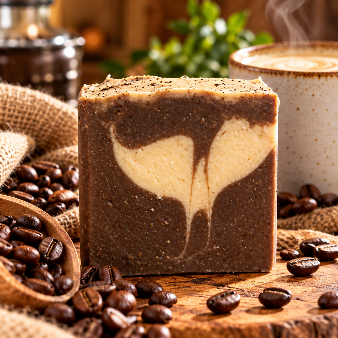 Morning Coffee handmade goat milk soap by Always Bubbles, featuring rich coffee-brown and creamy ivory swirls with a textured top, displayed on rustic wood surrounded by roasted coffee beans, a wooden scoop, and a steaming cup of coffee.